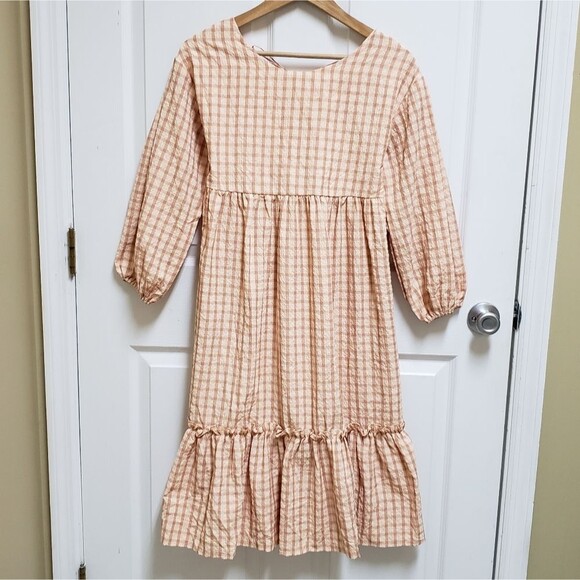 Petal & Pup Dresses & Skirts - Petal & Pup Dress Womens Size 2 Peach Plaid Lace Up Puff Sleeve Cottage Prairie